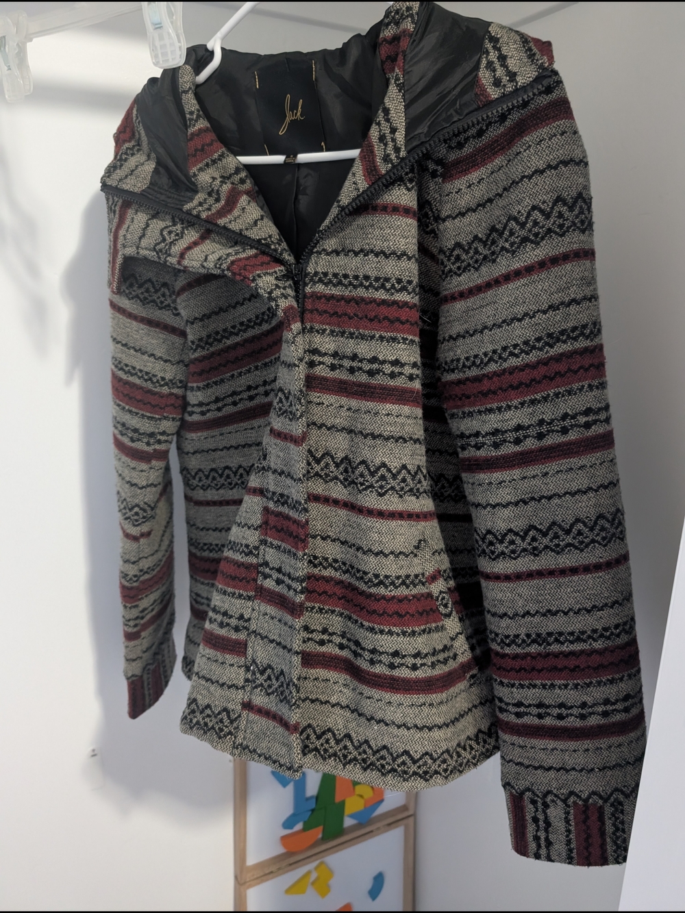 Jack by BB Dakota Hooded Striped Trench Coat in Gray and Burgundy